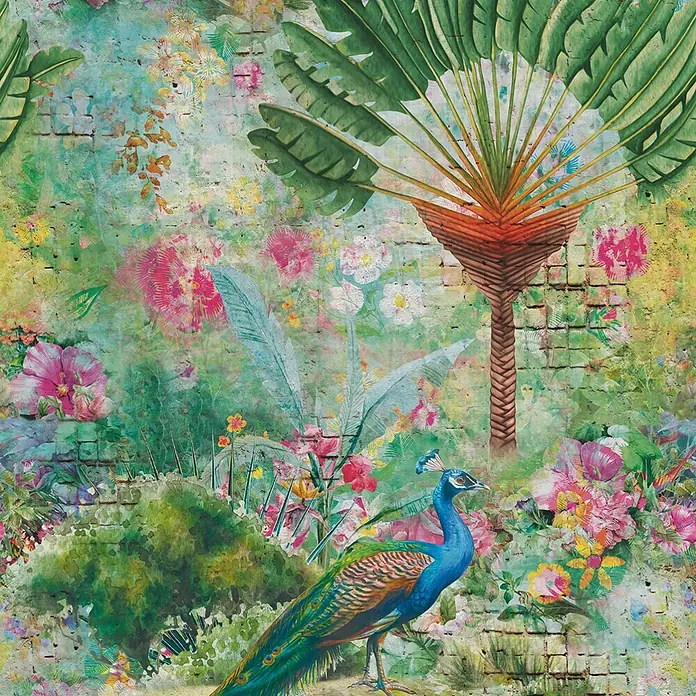 Marburg Fototapete Maueroptik - B x H: 159 mm x 270 cm, Vlies - Lebendige Tropengarten-Illustration mit Pfau, Fächerpalme und Blumen auf strukturierter Wand, ideal für Tapeten oder Stoffe.