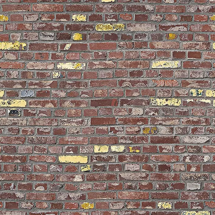 Marburg Smart Art Easy Fototapete Mauer - B x H: 159 mm x 270 cm, Vlies, Rot-Gold - Rote und braune Ziegelmauer mit grauem Mörtel und vereinzelten gelben Farbflecken.