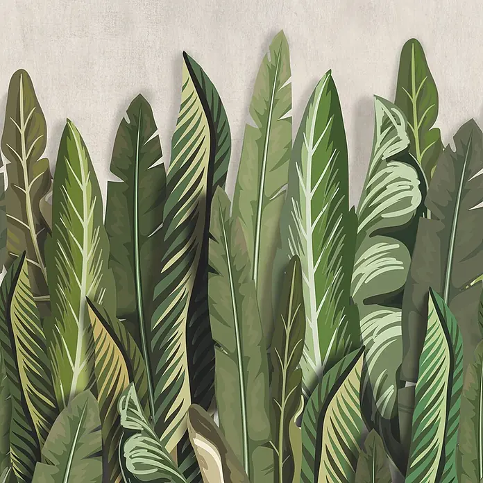 Marburg Smart Art Easy Fototapete Floral I - B x H: 159 mm x 270 cm, Vlies, Grün-Beige - Muster aus tropischen Blättern in verschiedenen Grüntönen, ein dichtes, geschichtetes Laubdesign bildend.