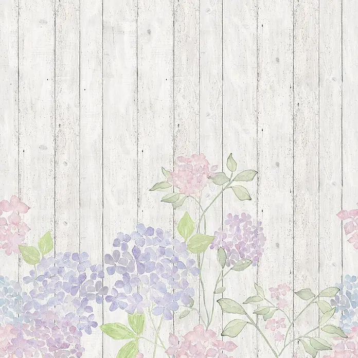 Marburg Fototapete Holz Floral - B x H: 159 mm x 270 cm, Vlies - Aquarell-Illustration von pastellfarbenen rosa, lila und blauen Hortensien.