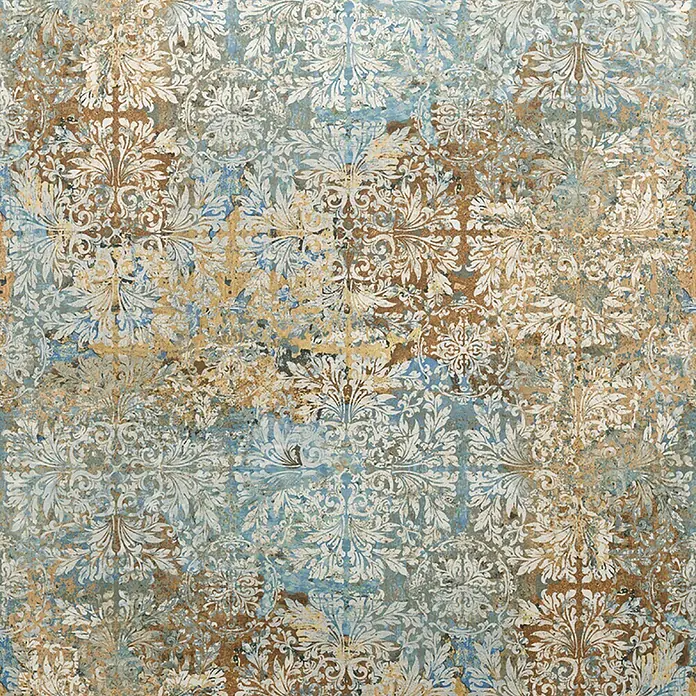 Marburg Smart Art Aspiration Fototapete Ornamental - B x H: 159 mm x 270 cm, Vlies, Beige-Blau - Distressed Damastmuster in Weiß und Hellblau auf gealterten Braun- und Goldtönen mit blauen Akzenten, für eine Vintage-Dekoroberfläche.