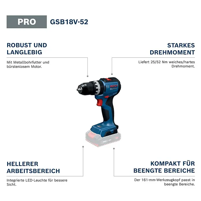 Bosch Professional AMPShare 18V Akku-Schlagbohrschrauber - 18 V, Ohne Akku, 70 Nm, Ohne L-BOXX 136 - Blauer Bosch GSB18V-52 Akku-Bohrschrauber mit schwarzem Metallbohrfutter und 18V-Akku.