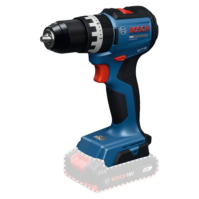 Bosch Professional AMPShare 18V Akku-Schlagbohrschrauber - 18 V, Ohne Akku, 70 Nm, Ohne L-BOXX 136 - Eine blau-schwarze Bosch GSB18V-52 Akku-Bohrmaschine mit roten Akzenten und einem teilweise sichtbaren 18V Akkupack.