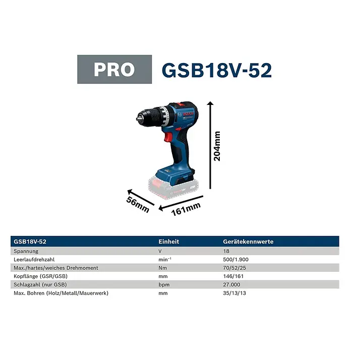 Bosch Professional AMPShare 18V Akku-Schlagbohrschrauber - 18 V, Ohne Akku, 70 Nm, Ohne L-BOXX 136 - Bosch GSB18V-52 Akku-Schlagbohrschrauber in Blau-Schwarz mit 18V-Akku, Maßen und Spezifikationstabelle.