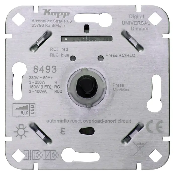 Kopp LED-Dimmer Digitaler LED-Druck-Wechseldimmer RLC 250W - Silber, Aluminium, Schrauben - Silberne digitale Universal-Dimmer-Rückplatte, Modell 8493, mit Leistungsangaben und Bedienelementen.