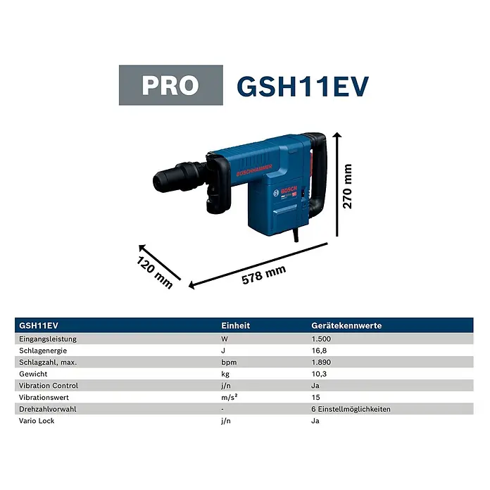 Bosch Professional Schlaghammer GSH 11 EV - 16,8 J, Max. Schlagzahl: 1.890 U/min, SDS-Max-Aufnahme - Blauer Bosch GSH11EV Abbruchhammer mit Maßen und technischen Daten.