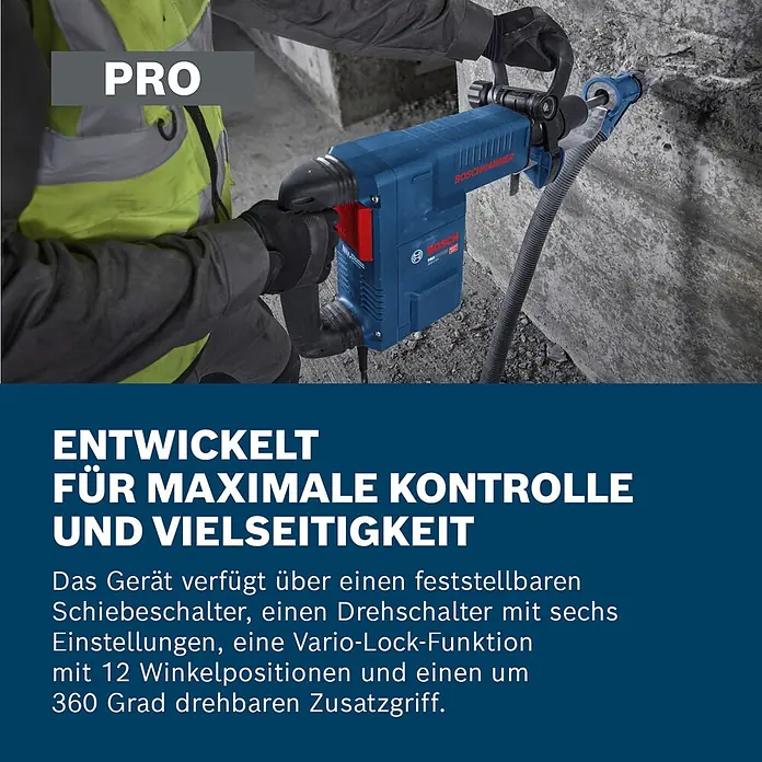 Bosch Professional Schlaghammer GSH 11 EV - 16,8 J, Max. Schlagzahl: 1.890 U/min, SDS-Max-Aufnahme - Blauer Bosch Bohrhammer in Benutzung, von einem Arbeiter in eine Betonwand gebohrt.