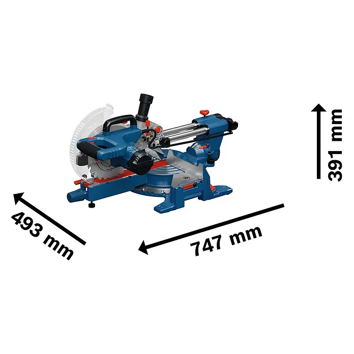 Bosch Professional Kapp- & Gehrungssäge GCM305-216S - 1.300 W, Durchmesser Sägeblatt: 216 mm, Leerlaufdrehzahl: 4.320 U/min - 5.280 U/min - Blau-silberne Kapp- und Gehrungssäge mit gekennzeichneten Tiefen-, Breiten- und Höhenmaßen.