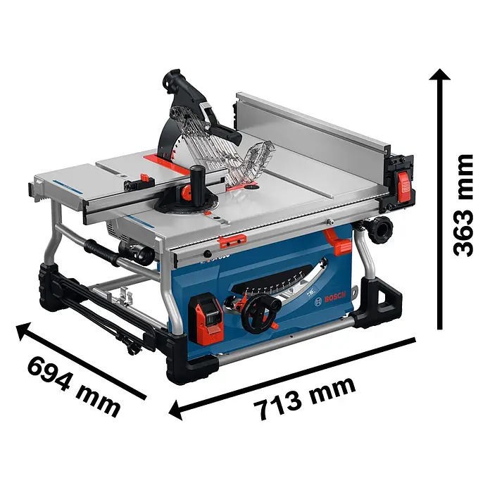 Bosch Professional Tischkreissäge GTS100-254 - 2.200 W, Durchmesser Sägeblatt: 254 mm, Schnitttiefe bei 90 °: 100 mm - Blaue und silberne Bosch Tischkreissäge mit schwarzen Beinen und roten Akzenten, mit Abmessungen.