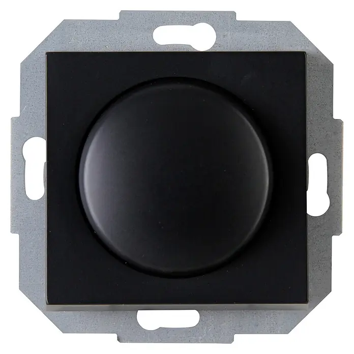 Kopp LED-Dimmer Athenis - Schwarz matt, Klemmen - Schwarzer Drehdimmer mit grauem Metall-Montagerahmen.