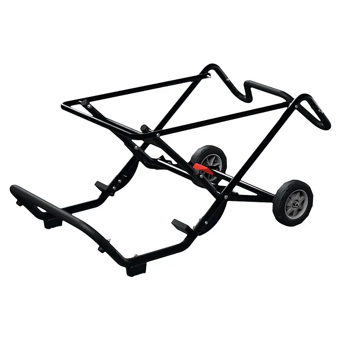 Bosch Professional Transport- & Arbeitstisch PRO GTA50W - Arbeitshöhe: 56,1 cm, Belastbarkeit: 180 kg - Schwarz zusammenklappbarer Gehrungssägeständer mit Rädern und rotem Hebel.