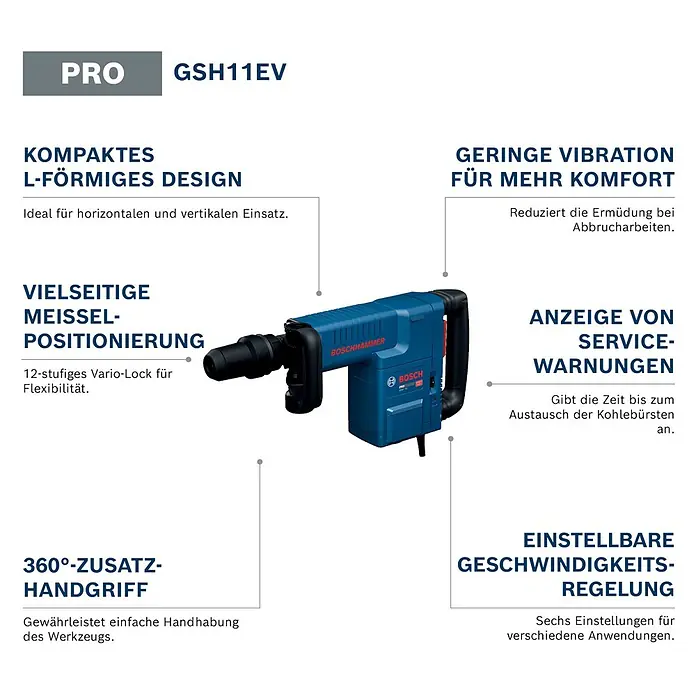 Bosch Professional Schlaghammer GSH 11 EV - 16,8 J, Max. Schlagzahl: 1.890 U/min, SDS-Max-Aufnahme - Blauer und schwarzer Bosch GSH11EV Abbruchhammer mit L-förmigem Design.