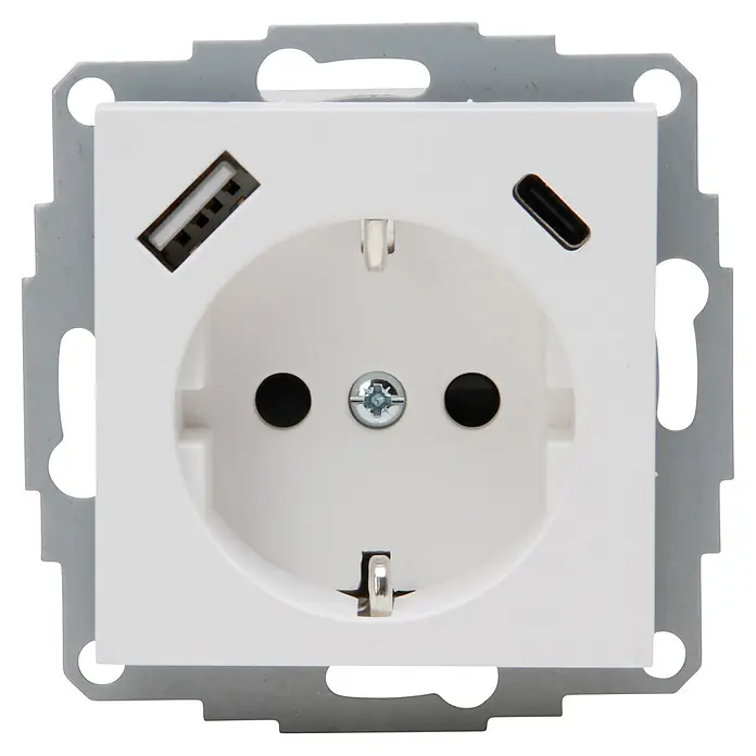 Kopp USB-Steckdose Athenis - Arktisweiß matt, Matt, Unterputzmontage - Weiße Schuko-Steckdose mit integrierten USB-A- und USB-C-Ladeanschlüssen auf grauem Metallrahmen.