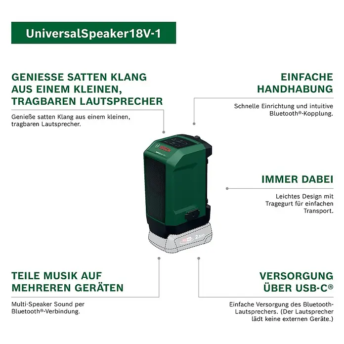 Bosch Power for All 18V Bluetooth-Lautsprecher Universal 18V-1 - 18 V, Ohne Akku - Grüner Bosch UniversalSpeaker 18V-1 mit aufgestecktem Akku.