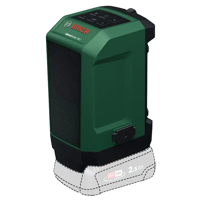 Bosch Power for All 18V Bluetooth-Lautsprecher Universal 18V-1 - 18 V, Ohne Akku - Grüner und schwarzer Bosch UniversalSpeaker 18V-1 mit Bedienfeld und Lautsprechergitter, bereit für einen 18V Akku.