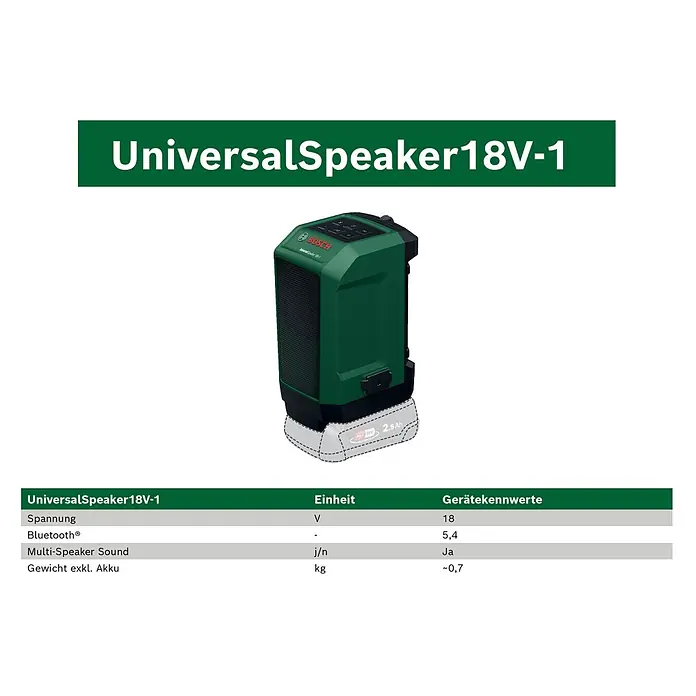 Bosch Power for All 18V Bluetooth-Lautsprecher Universal 18V-1 - 18 V, Ohne Akku - Grüner Bosch UniversalSpeaker 18V-1 mit abnehmbarem 2,5 Ah Akku. Ein tragbarer, leistungsstarker Lautsprecher.