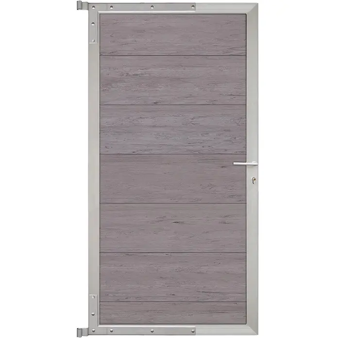 GartenLand Zauntor WPC Zaun Tor Ameland - 90 x 175 cm, Sand-Multicolor, Verbundwerkstoff - Graue Tür in Holzoptik mit Metallrahmen, Griff und Schlüsselloch.