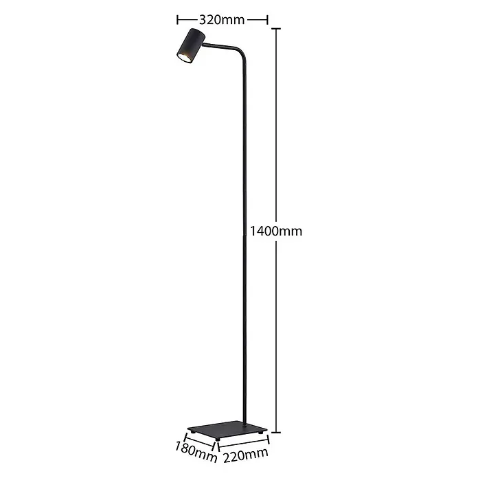 Lindby Stehleuchte Sanad - schwarz, schwarz, GU10 - Schwarze Stehlampe aus Metall mit verstellbarem Kopf, Maße 1400mm H x 320mm B, Basis 180x220mm.