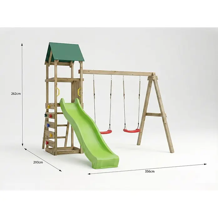 Max Play Kinderspielturm 2.1 - L x B x H: 293 x 356 x 262 cm, Natur - Hölzernes Klettergerüst mit grünem Dach, grüner Rutsche und zwei roten Schaukeln. Maße: 262 cm hoch, 356 cm breit.