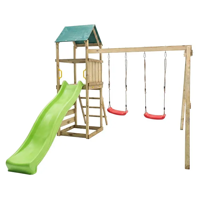 Max Play Kinderspielturm 2.1 - L x B x H: 293 x 356 x 262 cm, Natur - Holzspielturm mit grüner Rutsche und zwei roten Schaukeln.
