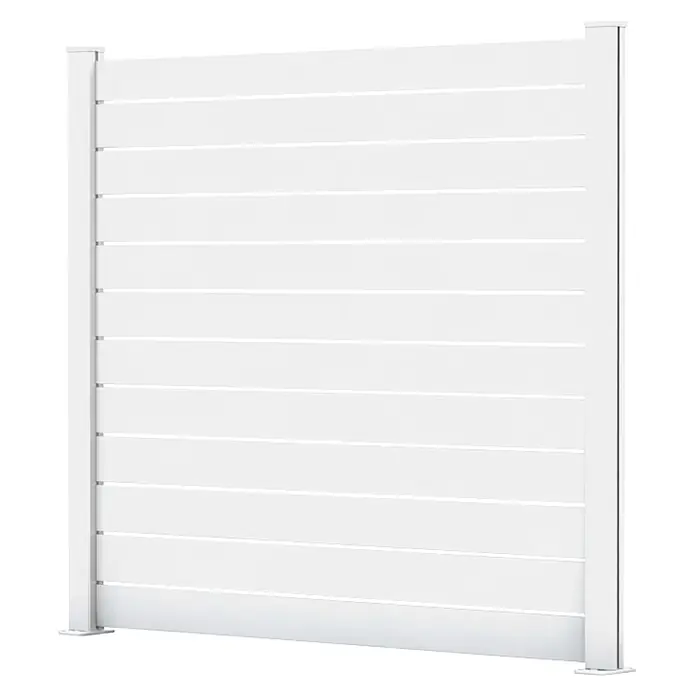 Dioco Smartwall Valla Persiana - L x Al: 177 x 200 cm, Blanco, Aluminio - Pantalla de privacidad de lamas blancas con postes verticales.