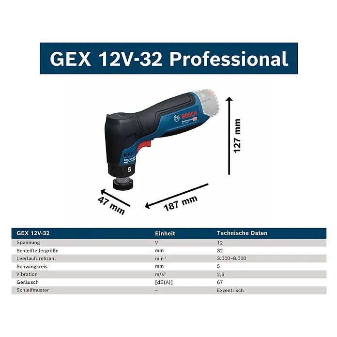 Bosch Professional Akku-Exzenterschleifer GEX 12V-32 - 12 V, Ohne Akku, Durchmesser Schleifteller: 32 mm - Blauer und schwarzer Bosch GEX 12V-32 Professional Akku-Exzenterschleifer mit Maßen und technischen Daten.