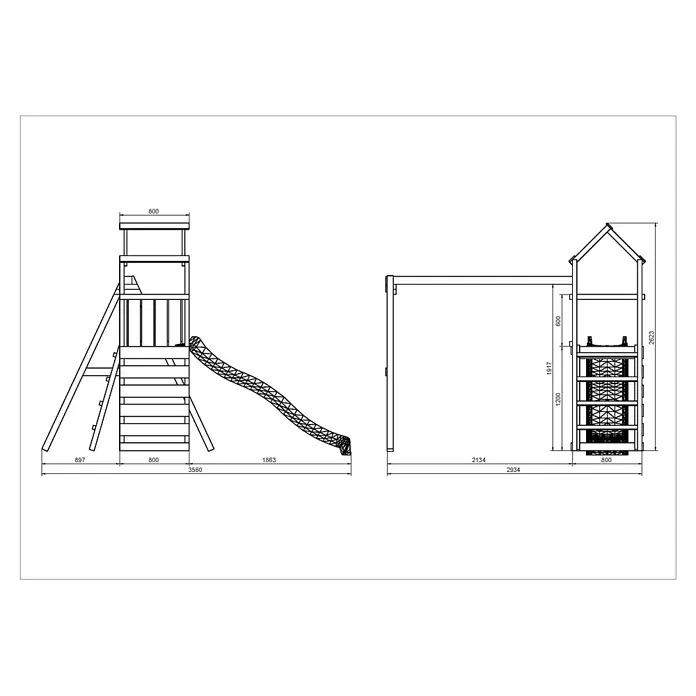 Max Play Kinderspielturm 2.1 - L x B x H: 293 x 356 x 262 cm, Natur - Technischer Entwurf eines Spielturms mit Rutsche und Kletterelementen, inklusive Maßangaben.