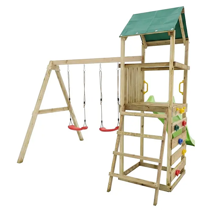 Max Play Kinderspielturm 2.1 - L x B x H: 293 x 356 x 262 cm, Natur - Holzspielplatz für draußen mit Turm und grünem Dach, Leiter, bunter Kletterwand, Rutsche und zwei roten Schaukeln.