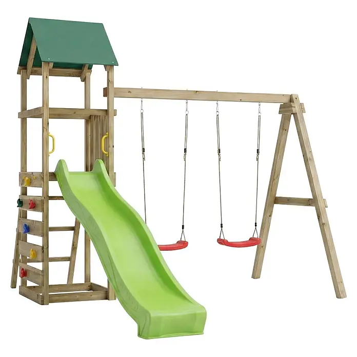 Max Play Kinderspielturm 2.1 - L x B x H: 293 x 356 x 262 cm, Natur - Holzspielplatz mit einer grünen Rutsche und zwei roten Schaukeln.
