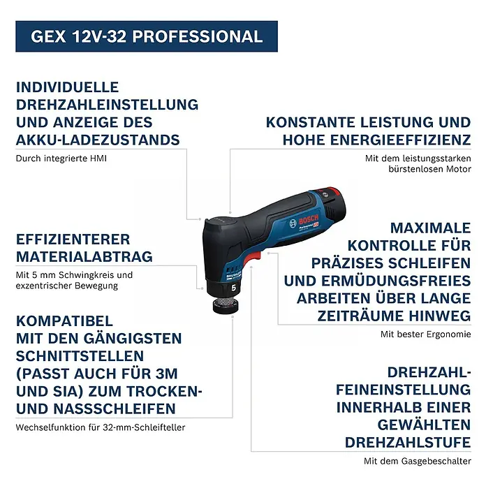 Bosch Professional Akku-Exzenterschleifer GEX 12V-32 - 12 V, Ohne Akku, Durchmesser Schleifteller: 32 mm - Blauer und schwarzer Bosch GEX 12V-32 Professional Akku-Exzenterschleifer mit Schleifteller.