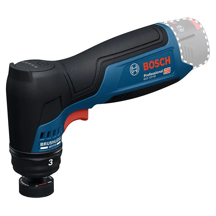 Bosch Professional Akku-Schwingschleifer GSS 12V-32 - 12 V, Anzahl Akkus: Ohne Akku, 6.000 U/min - 16.000 U/min - Blauer und schwarzer Bosch GSS 12V-32 Professional Akku-Schwingschleifer mit rotem Auslöser, mit bürstenlosem Motor.