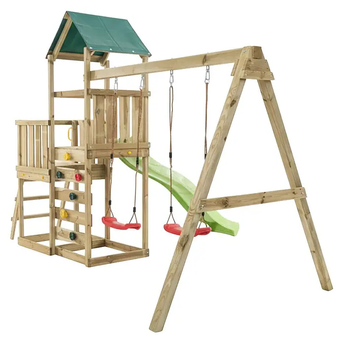 Max Play Kinderspielturm 3.2 - L x B x H: 395 x 356 x 262 cm, Natur - Kinderspielturm aus Holz mit grüner Rutsche, Schaukeln und Kletterelementen.