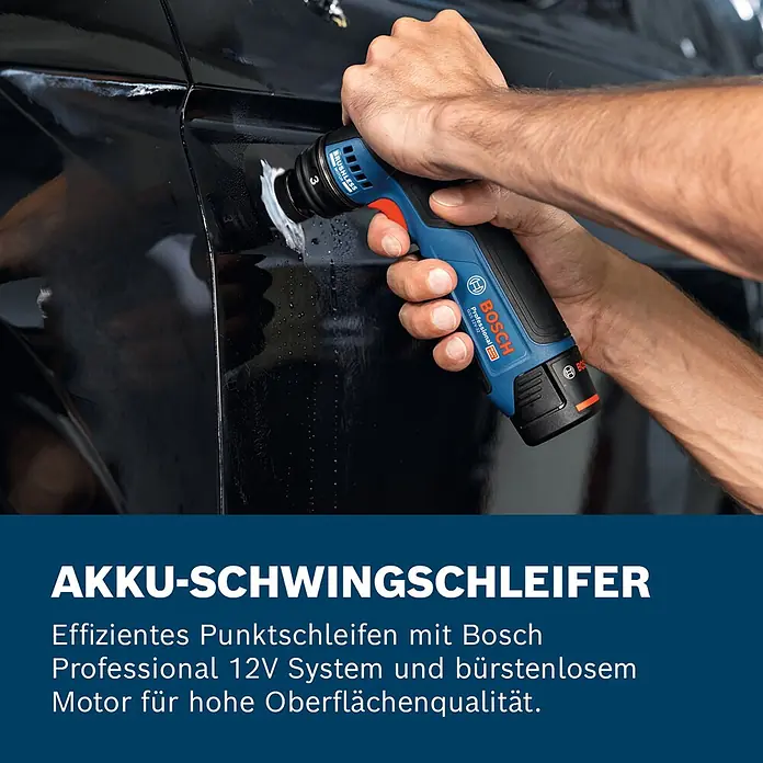 Bosch Professional Akku-Schwingschleifer GSS 12V-32 - 12 V, Ohne Akku, Leerlaufschwingzahl: 6.000 U/min - 16.000 U/min - Person nutzt Bosch Professional 12V Akku-Schwingschleifer zum Punktschleifen an einem Auto.