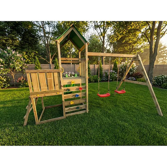Max Play Kinderspielturm 3.2 - L x B x H: 395 x 356 x 262 cm, Natur - Ein hölzerner Spielplatz im Freien mit Spielhaus, Schaukeln und Kletterwand.