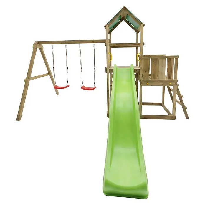 Max Play Kinderspielturm 3.2 - L x B x H: 395 x 356 x 262 cm, Natur - Holzspielplatz mit grüner Rutsche und zwei roten Schaukeln.