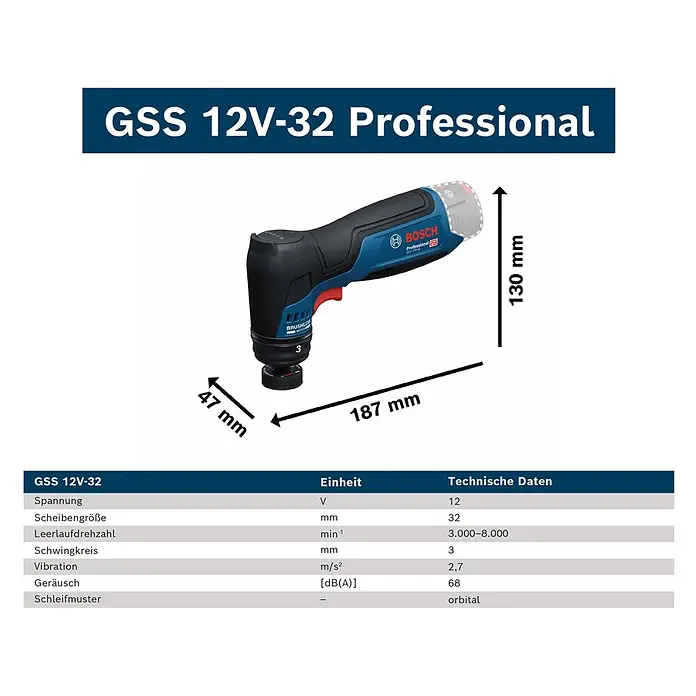 Bosch Professional Akku-Schwingschleifer GSS 12V-32 - 12 V, Ohne Akku, Leerlaufschwingzahl: 6.000 U/min - 16.000 U/min - Blau-schwarzer Bosch GSS 12V-32 Professional Akku-Schwingschleifer, mit Abmessungen gezeigt.