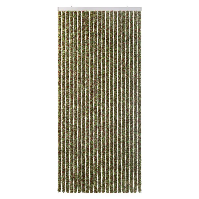 Conacord Türvorhang Flauschi - Camouflage, B x H: 90 x 200 cm - Grün-brauner Fadenvorhang aus Chenille-Strängen, an einer weißen Schiene hängend.