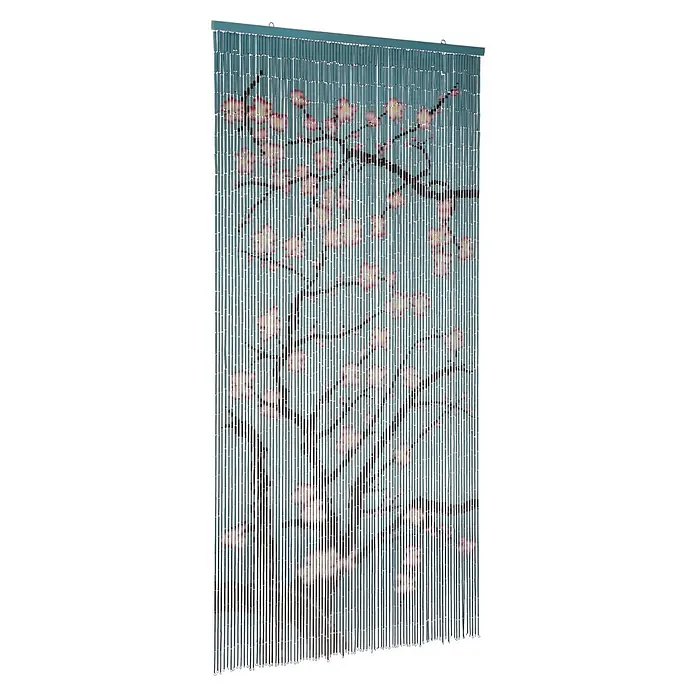 Conacord Türvorhang Blüten - Blau, B x H: 90 x 200 cm - Hellblauer Bambus-Perlenvorhang mit rosa-weißem Kirschblütenmuster.