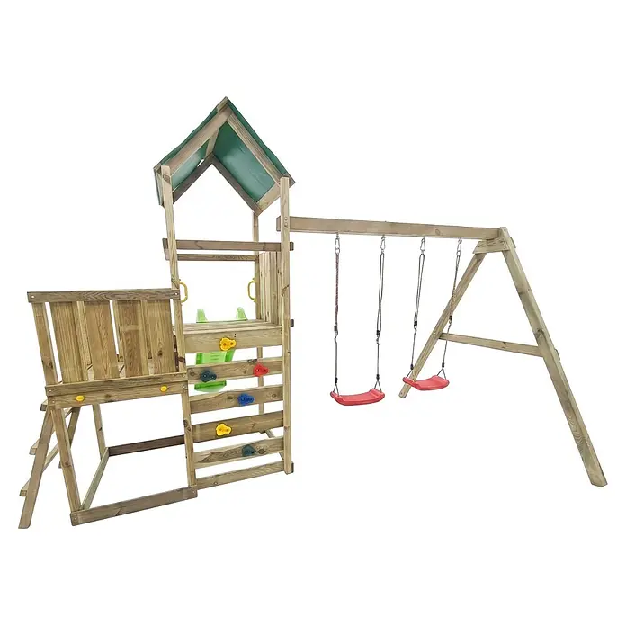 Max Play Kinderspielturm 3.2 - L x B x H: 395 x 356 x 262 cm, Natur - Hölzerner Spielturm für Kinder mit Kletterwand, Schaukeln und grünem Dach.