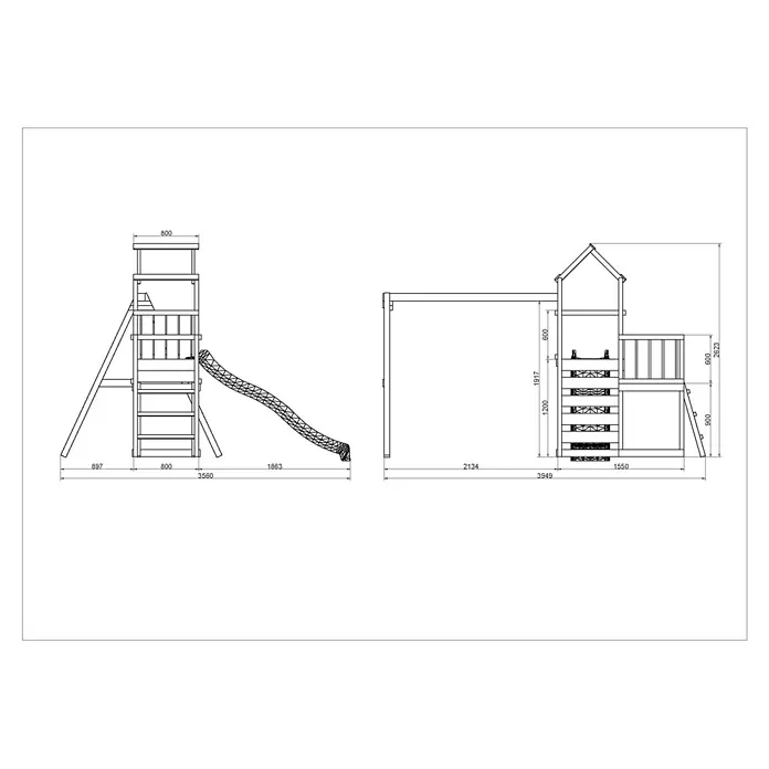 Max Play Kinderspielturm 3.2 - L x B x H: 395 x 356 x 262 cm, Natur - Technisches Modell eines Spielplatzes aus Holz mit Rutsche und verbundenem Spielhaus, inklusive Maßen.
