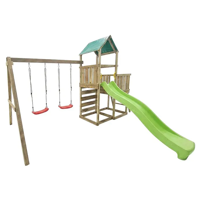 Max Play Kinderspielturm 3.2 - L x B x H: 395 x 356 x 262 cm, Natur - Hölzernes Spielturm-Set mit zwei roten Schaukeln, einer grünen Rutsche und grünem Dach.