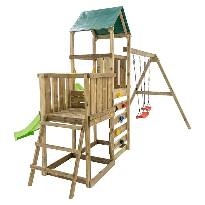 Max Play Kinderspielturm 3.2 - L x B x H: 395 x 356 x 262 cm, Natur - Holzspielturm mit grünem Dach, Rutsche, Kletterwand und Schaukeln für den Outdoor-Spielspaß.