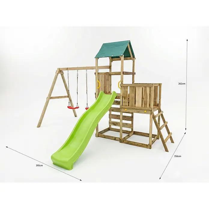 Max Play Kinderspielturm 3.2 - L x B x H: 395 x 356 x 262 cm, Natur - Hölzerner Spielturm mit grüner Rutsche, zwei roten Schaukeln und grünem Dach. Maße: 262cm (H) x 395cm (B) x 356cm (T).