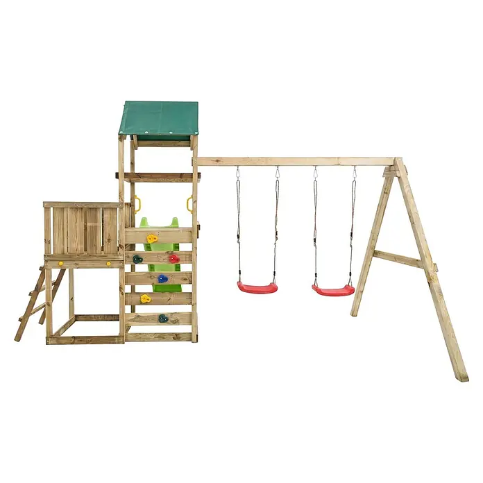 Max Play Kinderspielturm 3.2 - L x B x H: 395 x 356 x 262 cm, Natur - Hölzerner Spielplatz mit Kletterturm, Kletterwand, Leiter und zwei roten Schaukeln.