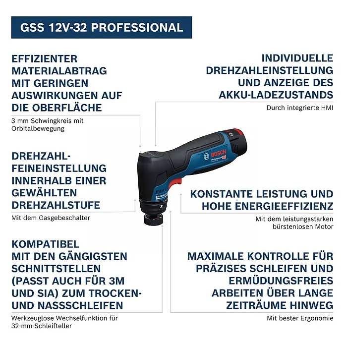 Bosch Professional Akku-Schwingschleifer GSS 12V-32 - 12 V, Ohne Akku, Leerlaufschwingzahl: 6.000 U/min - 16.000 U/min - Ein blauer und schwarzer Bosch GSS 12V-32 Professional Akku-Schwingschleifer.