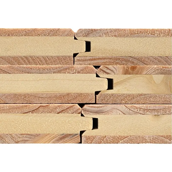 elka 3-Schichtplatte Vita - Douglasie, 2.500 x 660 x 19 mm - Gestapelte Nut- und Federholzbretter, die die natürliche Maserung und Hell-Dunkel-Variationen zeigen.