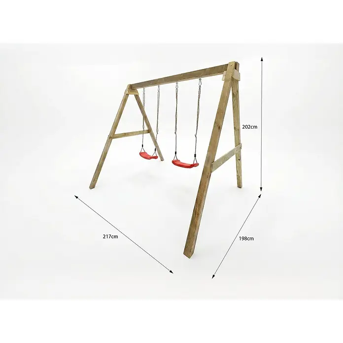 Max Play Schaukel Swing - B x L: 198 x 217 cm, Holz - Ein hölzernes A-Rahmen-Schaukelgestell mit zwei roten Schaukeln. Maße: H 202cm, B 217cm, T 198cm.