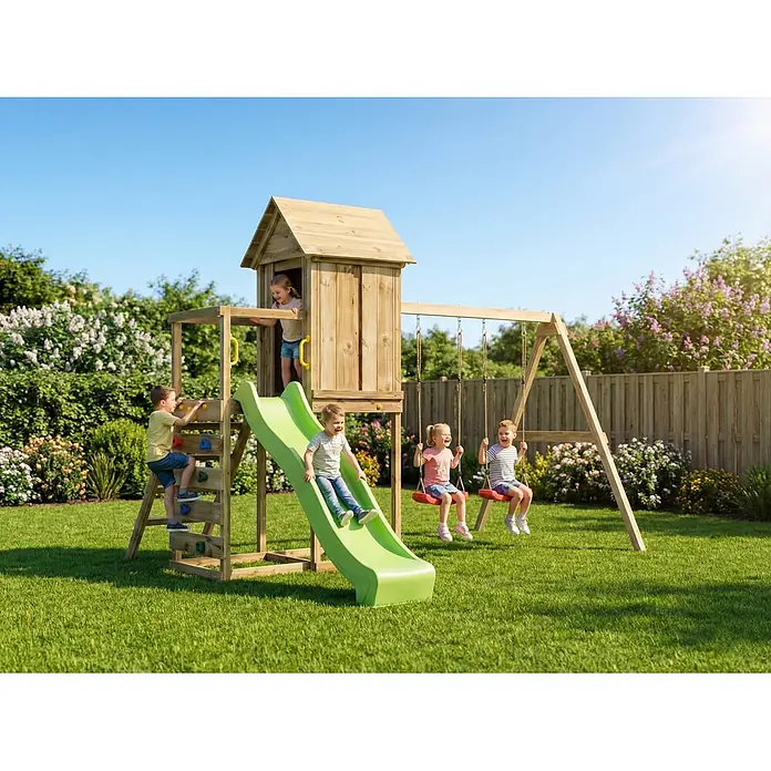 Max Play Kinderspielturm 5 - L x B x H: 370 x 368 x 262 cm, Natur - Spielturm aus Holz mit Rutsche, Kletterwand und Schaukeln, von Kindern im Garten genutzt.