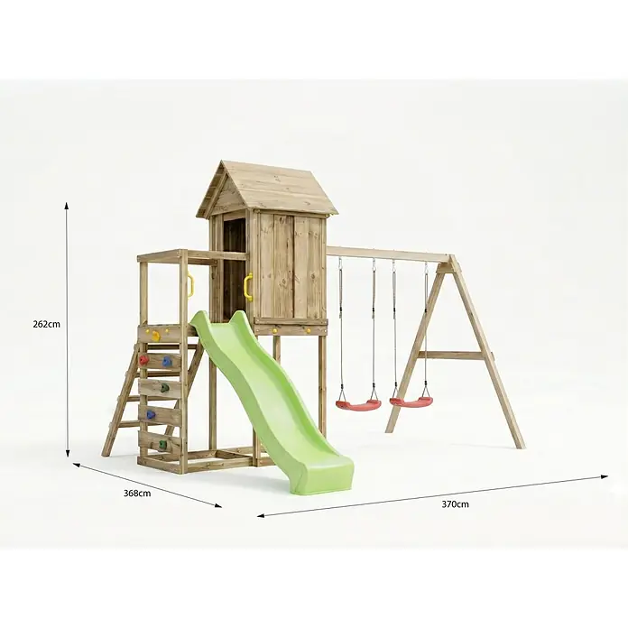 Max Play Kinderspielturm 5 - L x B x H: 370 x 368 x 262 cm, Natur - Hölzerner Kinderspielturm mit Spielhaus, grüner Rutsche, Kletterwand mit bunten Griffen und zwei roten Schaukeln.