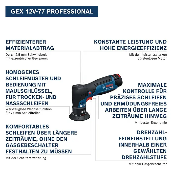 Bosch Professional Akku-Exzenterschleifer GEX 12V-77 - 12 V, Ohne Akku, Durchmesser Schleifteller: 77 mm - Blau-schwarzer Bosch GEX 12V-77 Professional Akku-Exzenterschleifer.